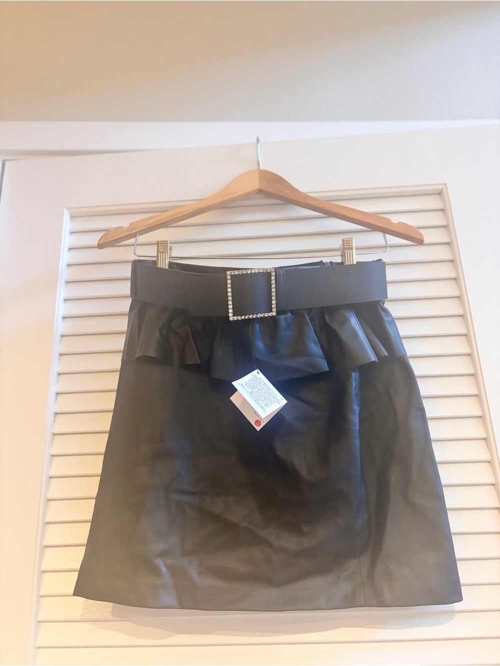 Zara Black Faux Leather Mini Skirt with Rhinestone Buckle